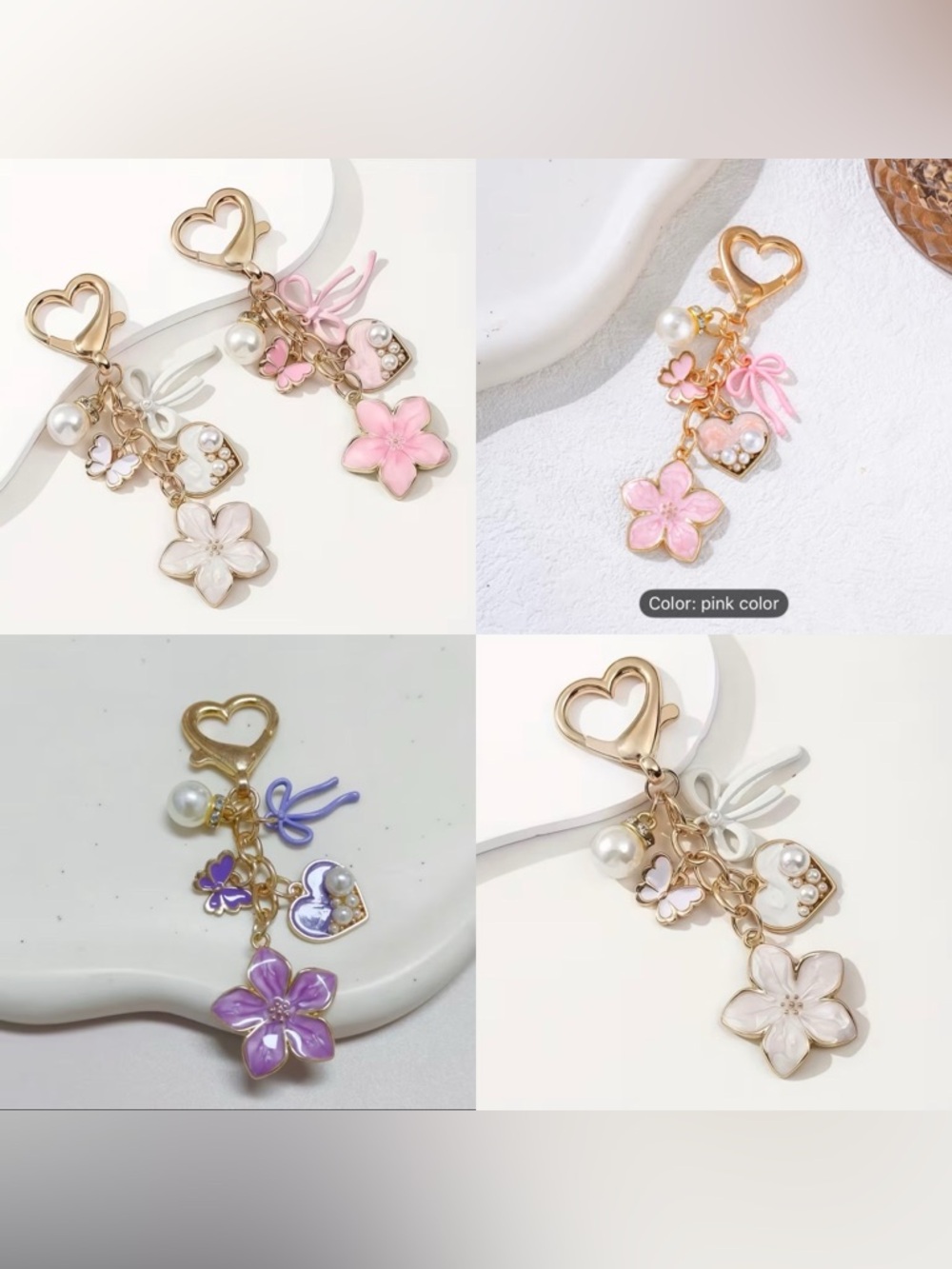Heart Charm Keychain with Pink or White Floral Charms